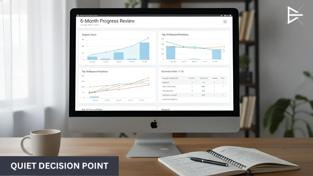 Laptop showing SEO performance dashboard during the first six months of optimization, with early traffic and keyword ranking data on screen.