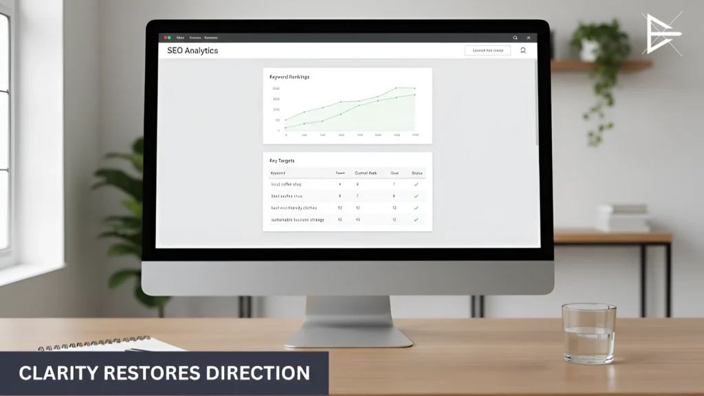 SEO progress review displayed on a desktop monitor as a business evaluates whether to continue optimization efforts after six months.