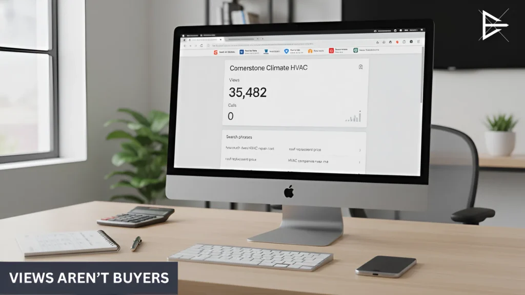 Google Business Profile dashboard showing high views but zero calls on desktop screen