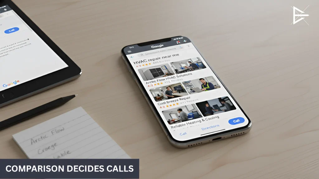 Smartphone displaying multiple Google Maps business listings being compared side by side