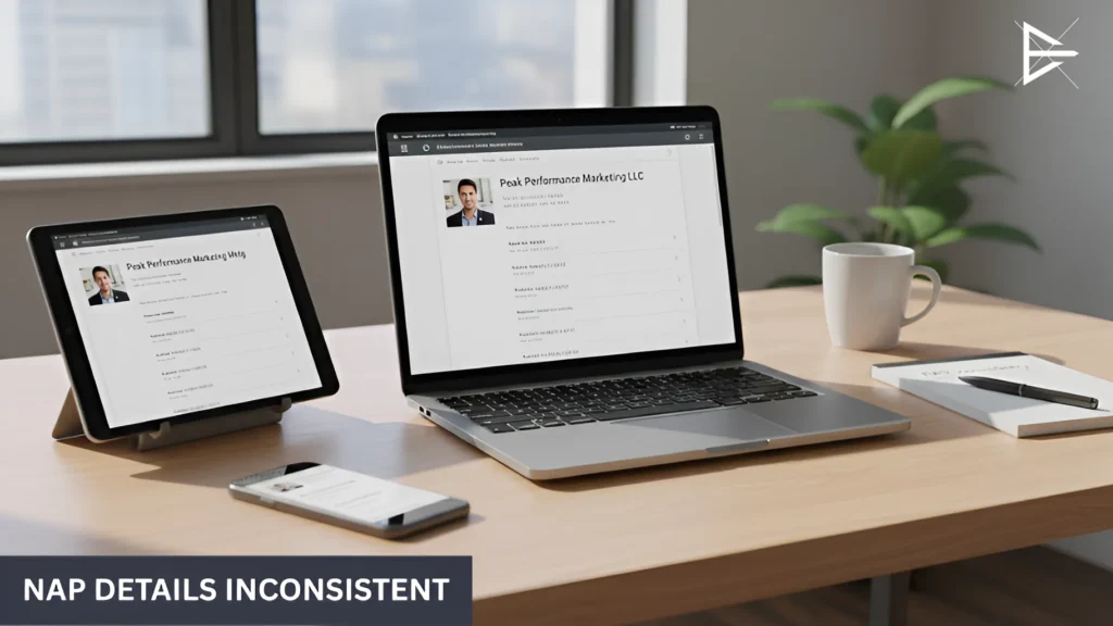 Primary category misaligned in Google Business Profile settings, shown on a laptop in a clean office workspace.
