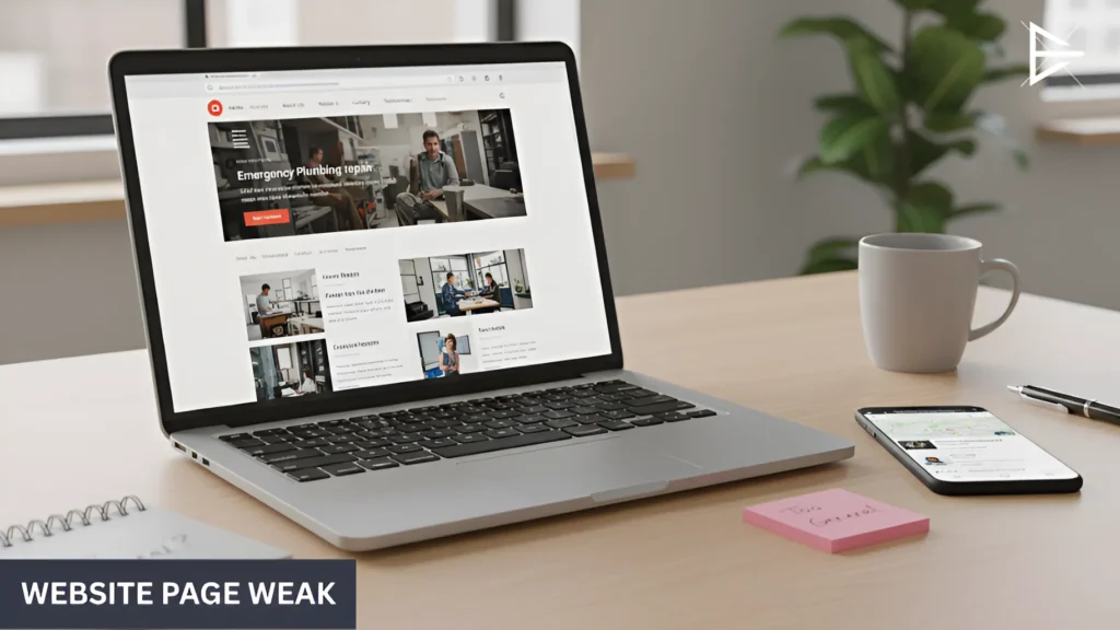 Website page weak and too general for service intent, shown open on a laptop in a modern office.