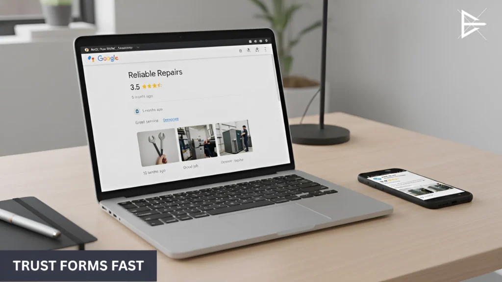 Laptop displaying Google Business Profile with star rating and customer review photos