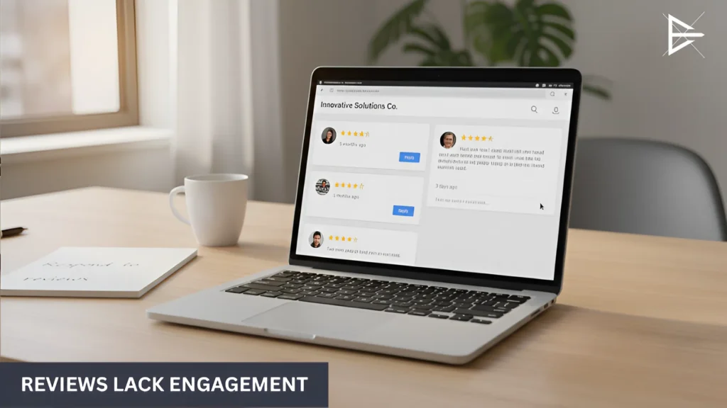 Reviews lack engagement, with customer feedback visible on a business profile and no meaningful responses.