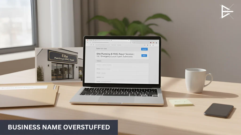 Business name overstuffed with extra keywords in a Google Business Profile editing interface.
