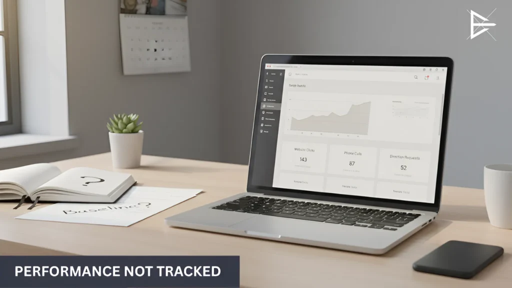 Performance not tracked, with analytics dashboard open but no clear monitoring notes nearby.