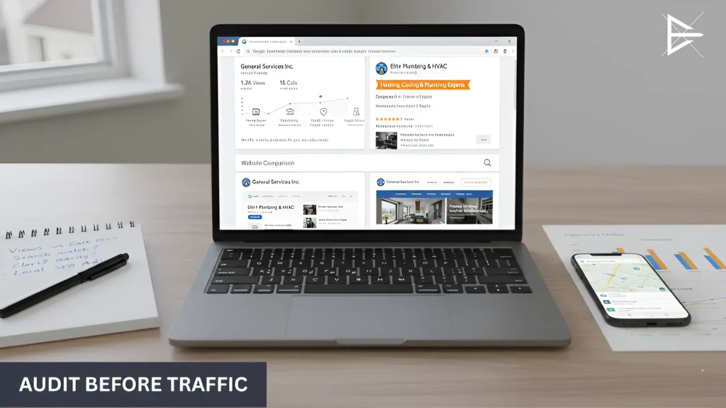 Laptop and smartphone comparing Google Business Profiles to analyze conversion gaps