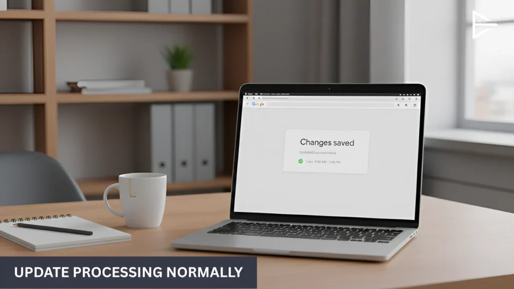 Laptop displaying Google Business Profile dashboard with changes saved confirmation on a desk workspace