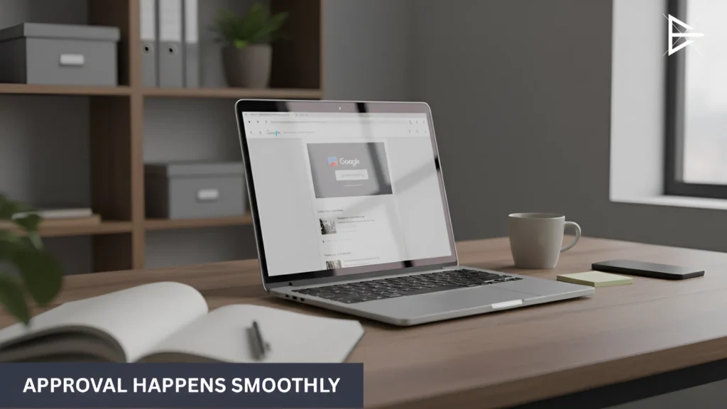 Google Business Profile update approved on laptop screen with green confirmation message in office setting