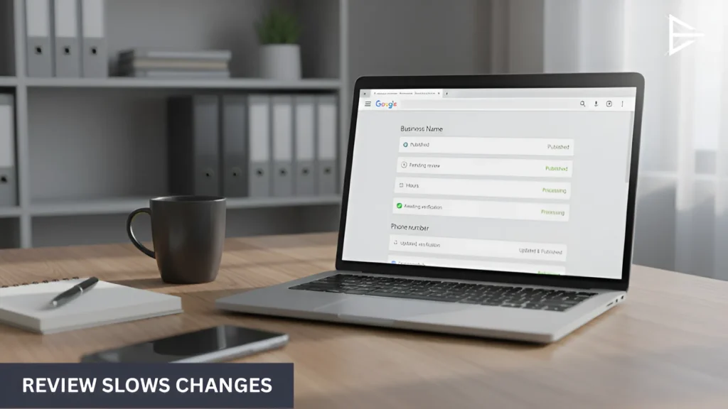 Laptop showing Google Business Profile edit under review with pending status on desk workspace