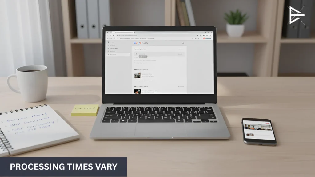 Google Business Profile dashboard showing multiple edit statuses including published and processing on laptop
