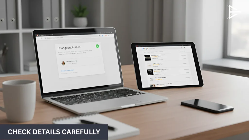 Laptop and tablet displaying Google Business Profile and search results for checking business details consistency