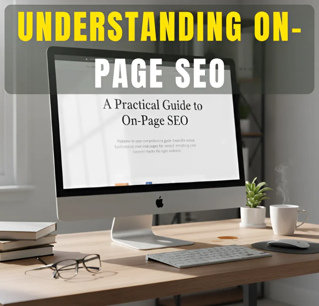 Desktop workspace showing a computer screen with an article about on-page SEO, representing a practical guide to understanding how pages are optimized.