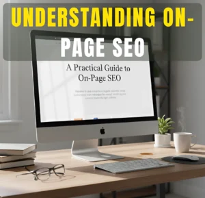 Desktop workspace showing a computer screen with an article about on-page SEO, representing a practical guide to understanding how pages are optimized.