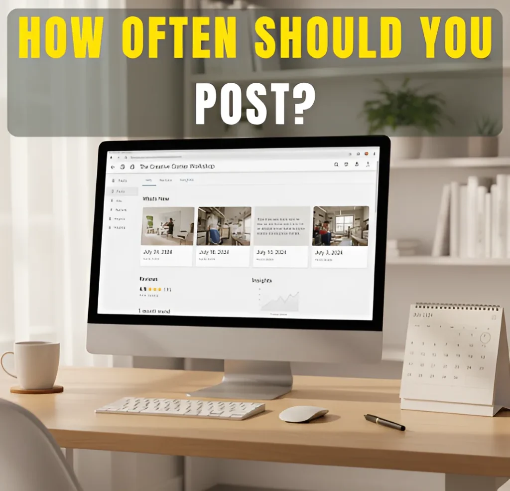 Google Business Profile posting schedule and dashboard shown on desktop office setup.