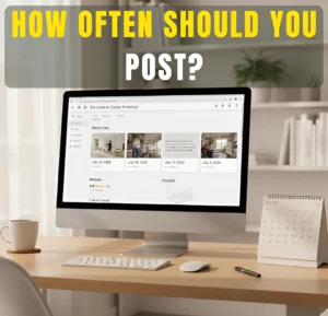 Google Business Profile posting schedule and dashboard shown on desktop office setup.