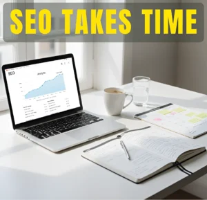Laptop showing SEO performance charts on a desk near a window with the headline “SEO Takes Time,” representing steady long-term organic growth.