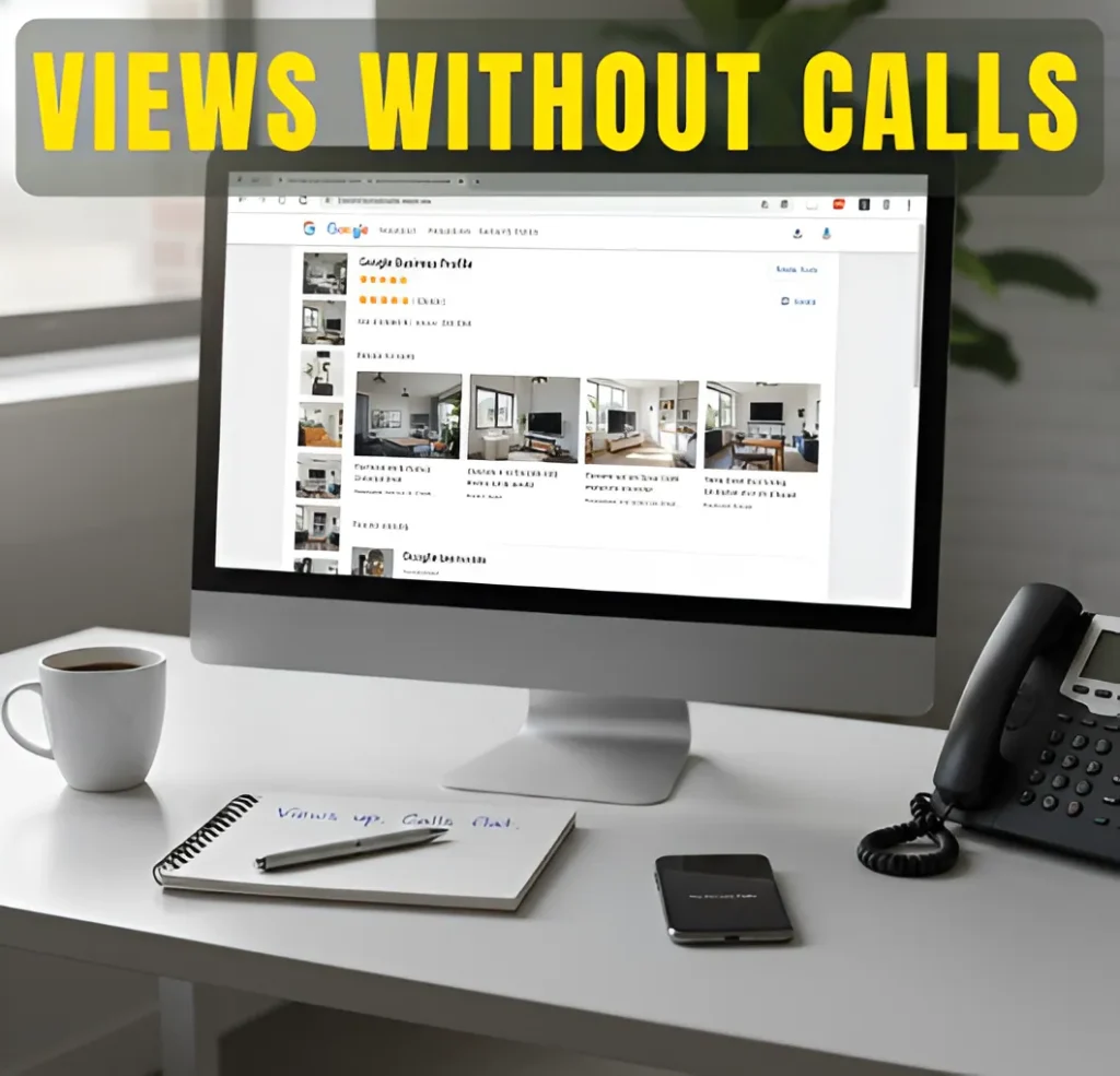 Google Business Profile displayed on desktop monitor with views increasing but no calls in office setting