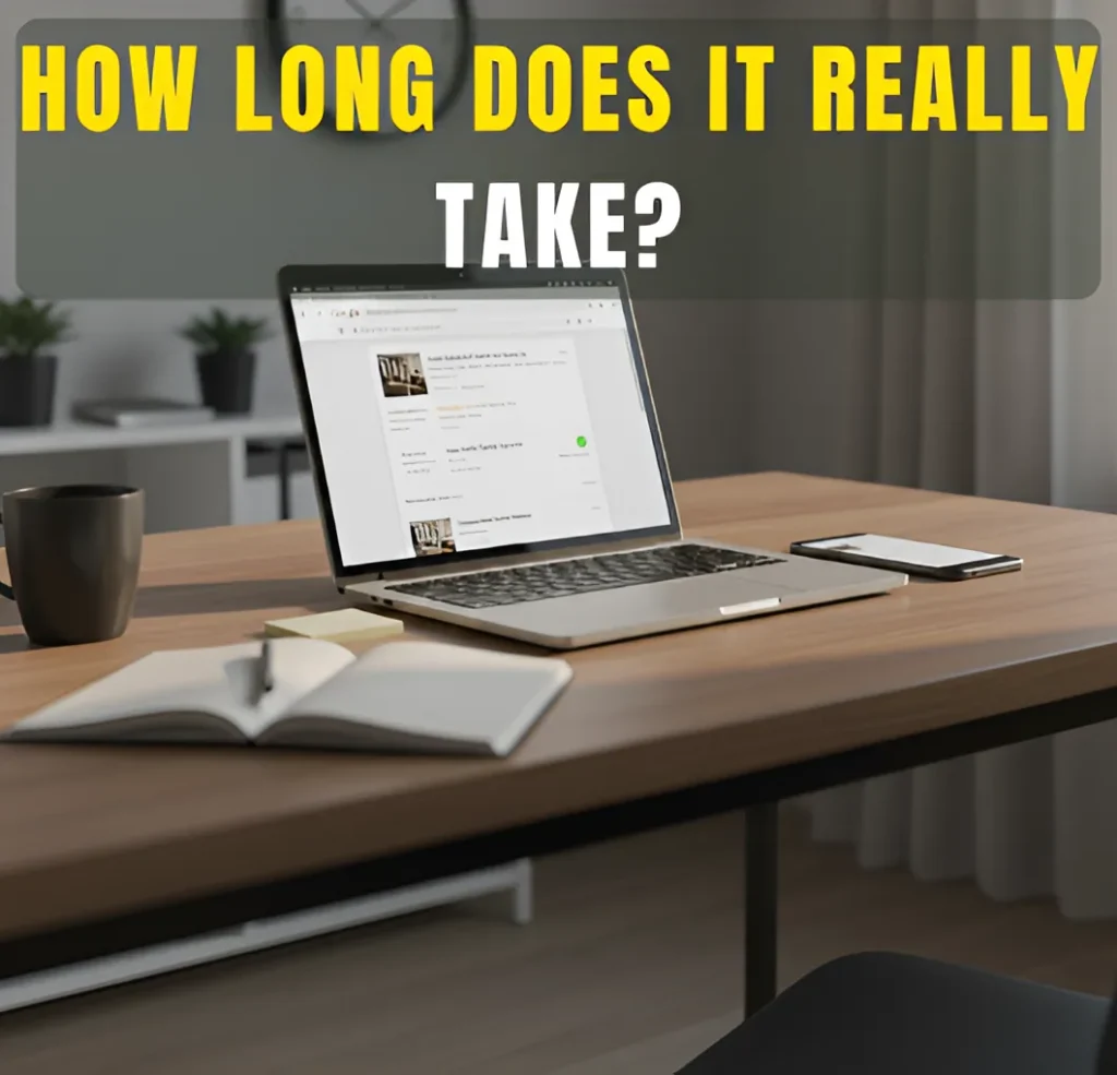 Laptop showing Google Business Profile update on desk with headline about how long changes take to update