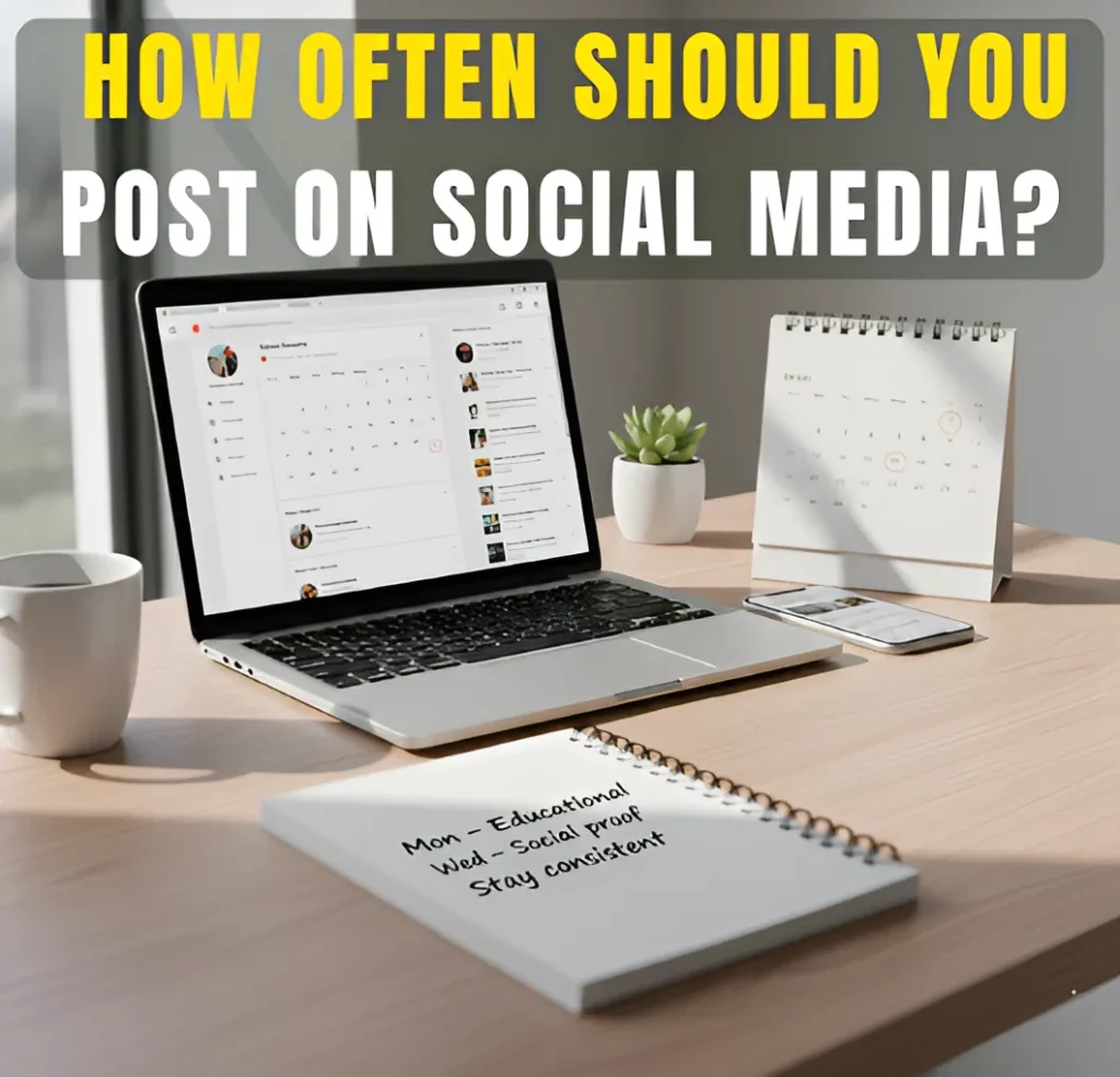 Laptop showing social media content calendar on desk with notebook and headline about posting frequency for small businesses