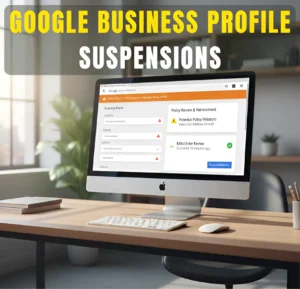 Featured image showing Google Business Profile suspension warning on dashboard screen in modern office setting