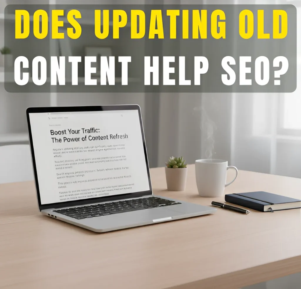 Laptop on a clean desk displaying a blog post about content refresh, representing whether updating old content helps SEO rankings