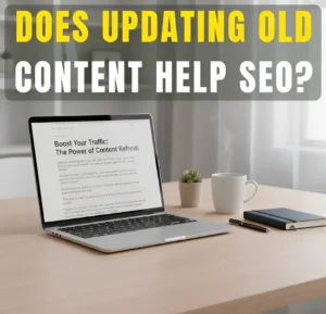 Laptop on a clean desk displaying a blog post about content refresh, representing whether updating old content helps SEO rankings