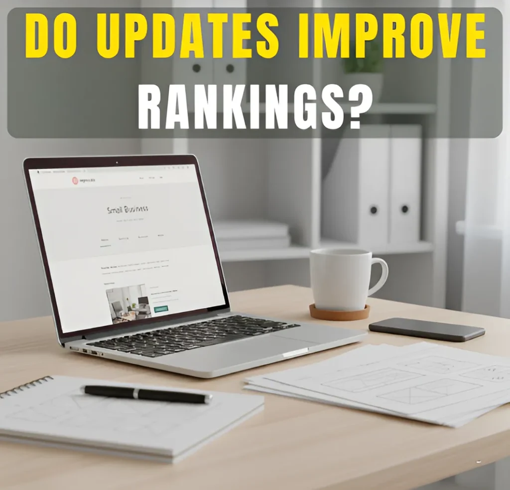 Laptop on a clean office desk showing a blog post being updated to improve SEO rankings and search visibility