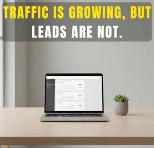 Laptop on a desk displaying website analytics with the message “Traffic is growing, but leads are not” highlighting a gap between traffic and conversions