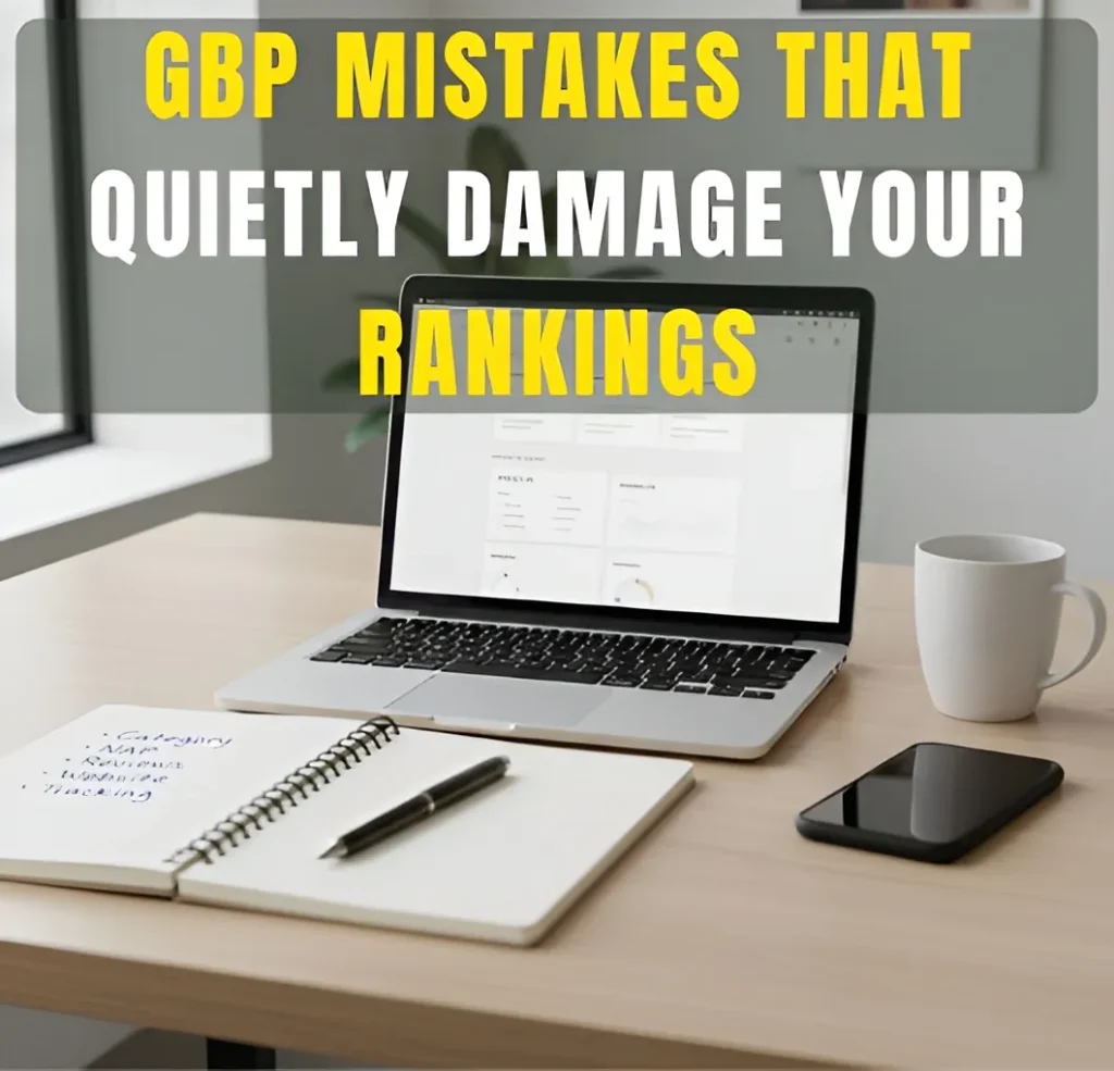 Laptop displaying Google Business Profile dashboard on office desk with headline about GBP mistakes affecting rankings.